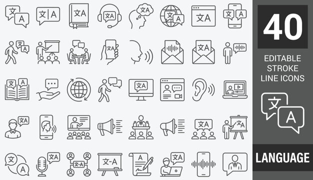 Language web icon set in line style. Language translation, linguistics, speaking, dictionary, listening skills, writing, translate, collection. Editable stroke. Vector illustration.