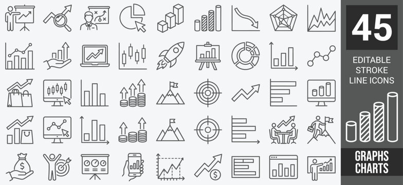 Graph and Charts web icons in line style. Graphics, infographic, statistics, data, diagrams, economy reduction, finance, arrow, business, increase, decrease. Editable stroke. Vector illustration.