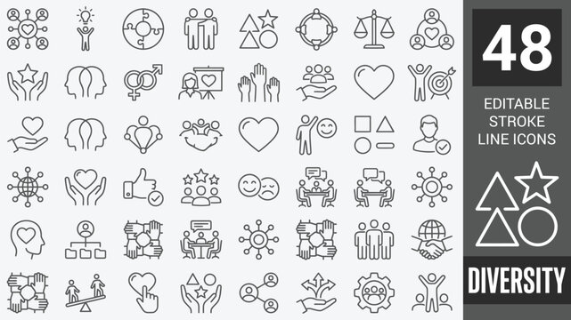 Diversity web icons in line style. Unity, friendship, social, community, collection. Vector illustration.