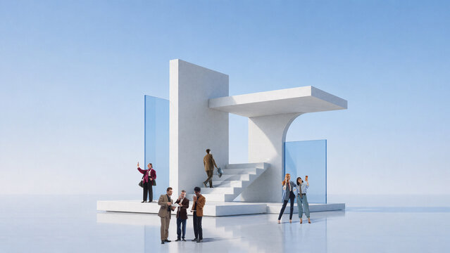 Modern business architecture with professionals representing office mobility and corporate services. Concept of workplace navigation, office leasing, career growth and enterprise operations.