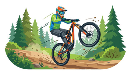 Flat style vector illustration of mountain downhill biker performing a wheelie on a rugged forest trail with dynamic action and flying dirt. Perfect for adventure sports, cycling, outdoor brands © Amie