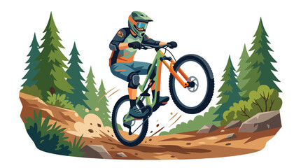 Flat style vector illustration of mountain downhill biker performing a wheelie on a rugged forest trail with dynamic action and flying dirt. Perfect for adventure sports, cycling, outdoor brands © Amie