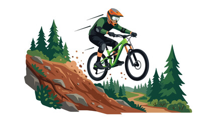 Obraz premium Flat style vector illustration of downhill mountain biker racing over rocky terrain through pine forest with speed and control. Perfect for cycling events, outdoor recreation, sports branding