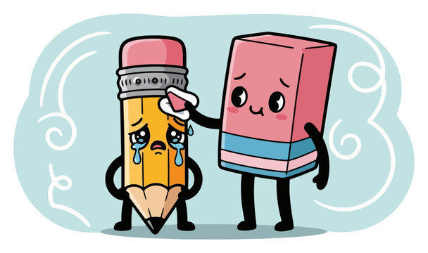 Cute eraser comforting and wiping away tears from a sad crying pencil cartoon vector illustration