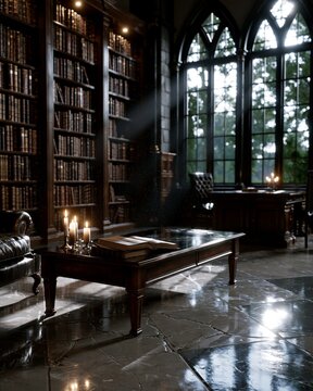 Dark academia library interior with gothic windows and books