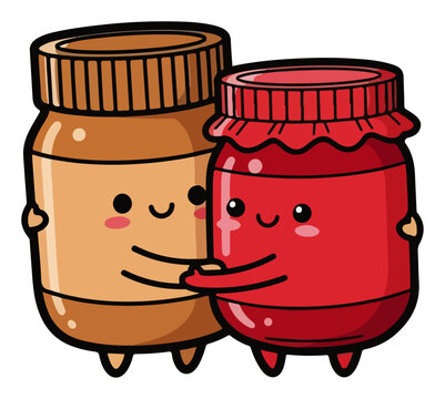 Peanut butter and jelly jars hugging as best friends cartoon vector illustration