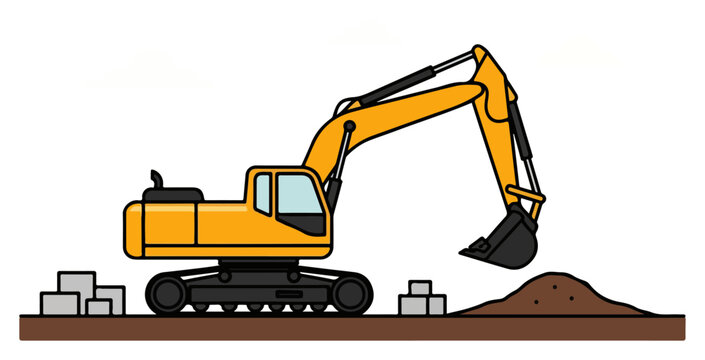 Yellow excavator working on construction site digging soil in clean vector style