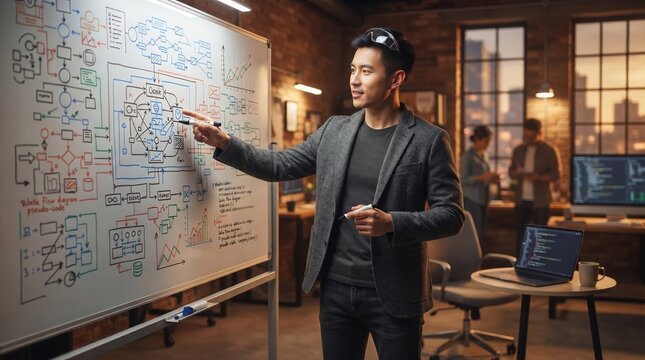 Male Developer Explaining Data Flow Diagram on Whiteboard in Modern Office