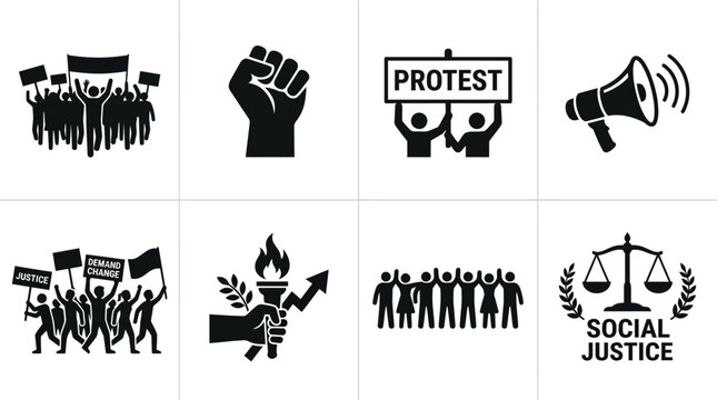 Protest and social justice icon vector collection featuring raised fist, activism, civil movement, demonstration, megaphone, banner sign, equality scale, and protest crowd symbols.