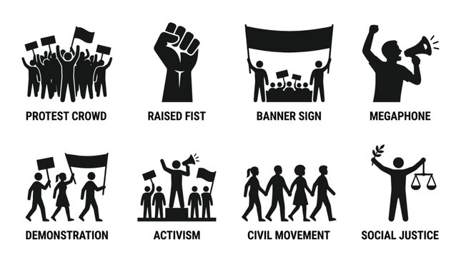 Protest and social justice icon vector collection featuring raised fist, activism, civil movement, demonstration, megaphone, banner sign, equality scale, and protest crowd symbols.