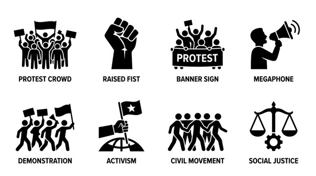 Protest and social justice icon vector collection featuring raised fist, activism, civil movement, demonstration, megaphone, banner sign, equality scale, and protest crowd symbols.
