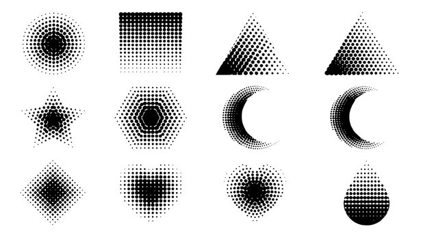 Geometric shapes halftone dot gradient design elements set vector isolated on white