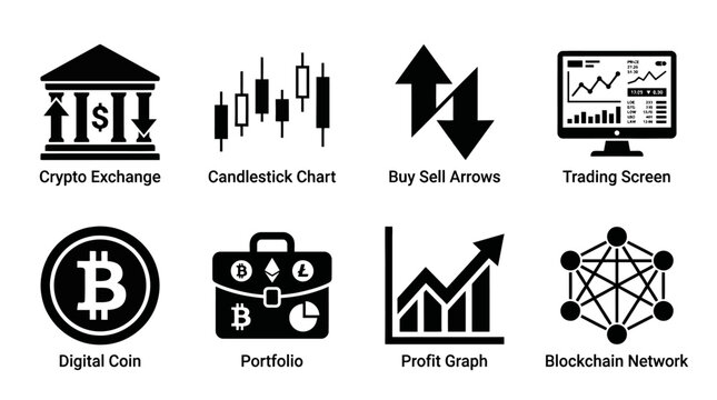 Cryptocurrency and blockchain trading icon vector collection featuring crypto exchange, candlestick chart, buy sell arrows, trading screen, digital coin, portfolio, profit graph, and blockchain networ