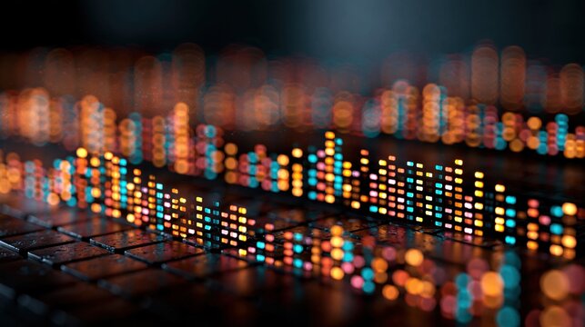 Colorful bokeh lights form abstract bar graph shapes over a dark keyboard surface, representing data visualization and digital technology.