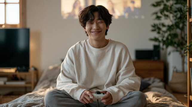 Young Korean student seated cross-legged on dormitory floor presses a quiz buzzer controller mid-laugh during gamified learning session, leaderboard projected on wall behind him
