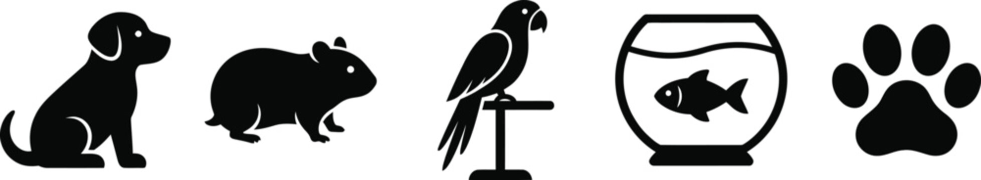 Collection of domestic pet icons including dog hamster parrot fish and animal paw print.