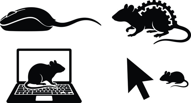 Computer Mouse and Rat Pun Icon Set with Laptop, Cursor, and Rodent Silhouettes for Tech Humor, Office, and Wordplay Designs