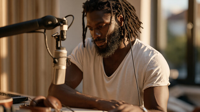 Ghanaian podcast producer finalizing a home studio acoustic treatment by positioning baffles around a recording nook, microphone arm extended precisely, headphones resting on the