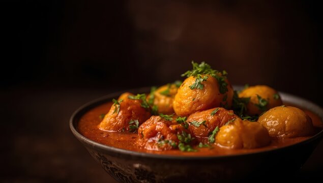 Spiced potato curry in a tomato sauce, presented in a bowl with a dramatic backdrop.