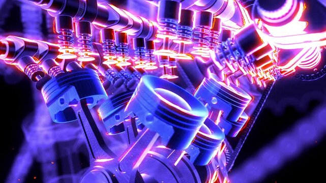 Activating vehicle ignition button and zooming into V8 engine. Valves, pistons and crankshaft in motion.