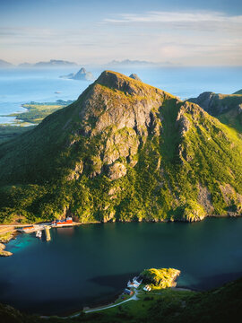 Northern Norway landscape Vesteralen village aerial view sea and rocky mountains tranquil nature scenery in Scandinavia summer season travel Arctic offbeat beautiful destinations