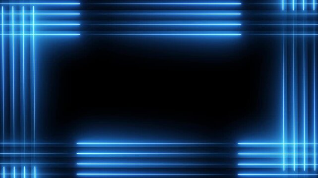 Abstract blue neon glowing lines frame background, dynamic digital light border overlay for modern motion and tech presentations