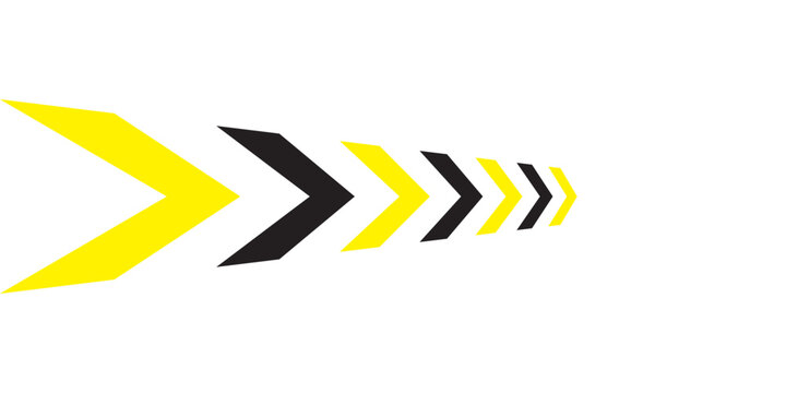 Abstract perspective arrow vector, dynamic yellow and black chevron pattern background, racing speed concept graphic element isolated on white.