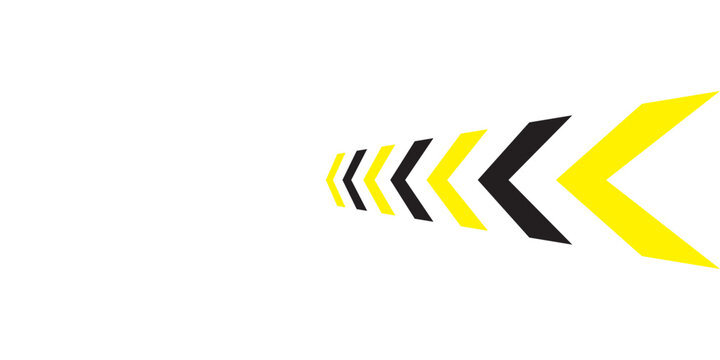 Abstract perspective arrow vector, dynamic yellow and black chevron pattern background, racing speed concept graphic element isolated on white.