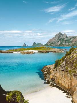 Vesteralen sandy beach and islands in turquoise sea landscape in northern Norway, travel arctic offbeat beautiful destinations aerial view scenery scandinavian wild nature summer season