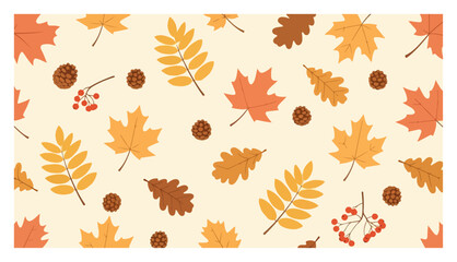Seamless pattern with autumn leaves acorns and berries in seasonal vector style © Anna
