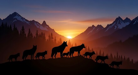 Fototapeta premium Silhouetted Wolf Pack Walking Across Mountain Ridge at Sunset