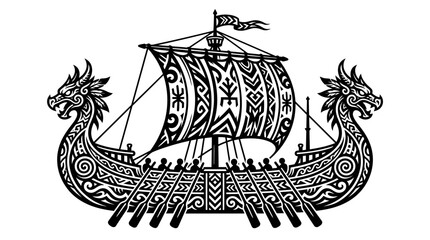 Viking Ship Illustration - Dragon Head Longship with Rowers and Ornate Sail © m