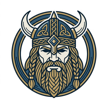 Viking warrior portrait with horned helmet and beard.