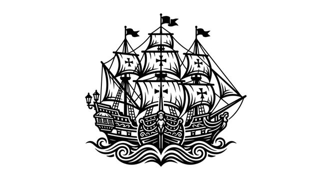 Vintage Tall Ship Illustration - Old Sailing Vessel on Waves