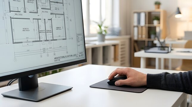 Architect reviews detailed floor plans on a bright computer screen while clicking a mouse in a modern, sunlit office workspace.