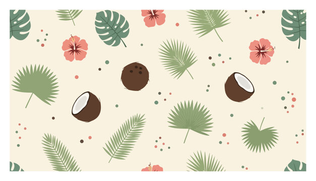 Seamless pattern with tropical palm leaves and coconuts in flat style