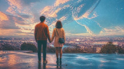Fototapeta premium Couple holding hands watching city skyline at sunset with cosmic sky