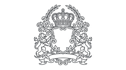 Industrial Style Black and White Line Art Emblem Featuring Crown Lions and Ornate Scrollwork Design © SLAMET BUDIONO