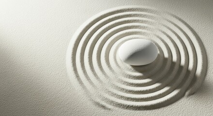 Naklejka premium Zen Garden Concept with White Stone and Concentric Sand Circles for Meditation and Mindfulness