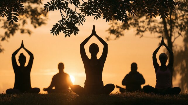 Silhouetted group practicing yoga meditation at sunrise under tree branches in a peaceful outdoor setting.