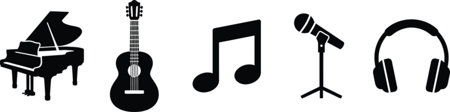 Music collection featuring grand piano acoustic guitar notes microphone and headphones set.