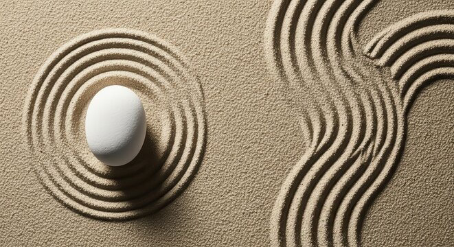Minimalist Zen Garden Scene Featuring a Smooth White Egg Stone on Raked Sand with Concentric Circles and Wavy Lines