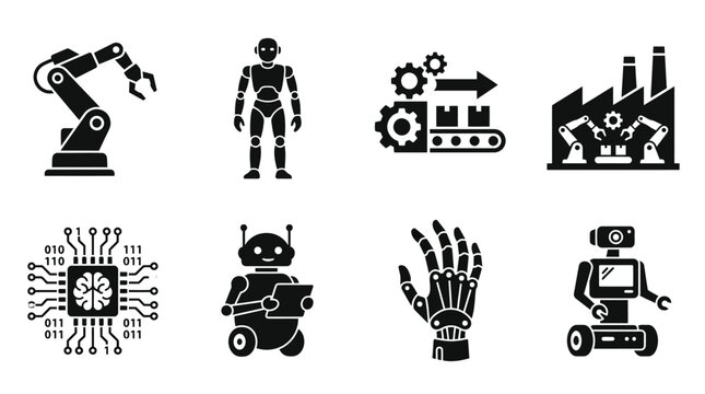 Robotics and artificial intelligence icons illustration showing robotic arms, humanoids, automation, and smart technology representing innovation and industry