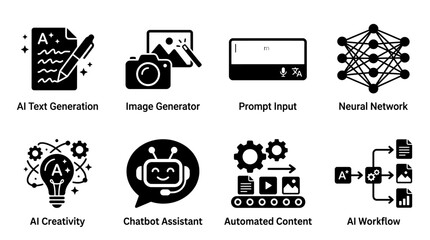 Artificial intelligence icons illustration showing text generation, image creation, neural networks, and automation representing creativity and machine learning processes © Digital Dunya