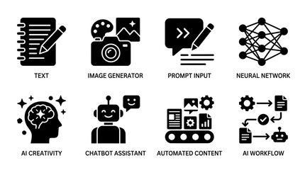 Artificial intelligence icons illustration showing text generation, image creation, neural networks, and automation representing creativity and machine learning processes © Digital Dunya