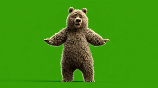 Realistic brown dancing bear character on green screen