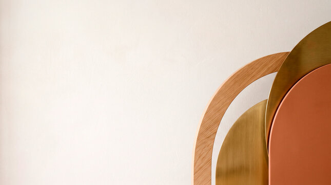Contemporary overlapping geometric semicircles in wood, brass, and terracotta on textured wall