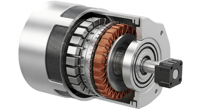 A detailed cutaway view of an electric motor, showcasing its internal components like the stator, rotor, copper windings, and shaft.
