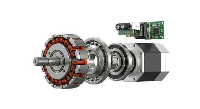 Exploded view of a brushless DC motor showing its internal components including stator, rotor, bearings, and control board.