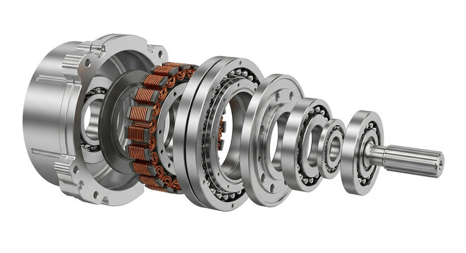 Exploded view of a complex mechanical assembly revealing internal components like bearings, shaft, and electromagnetic coils.